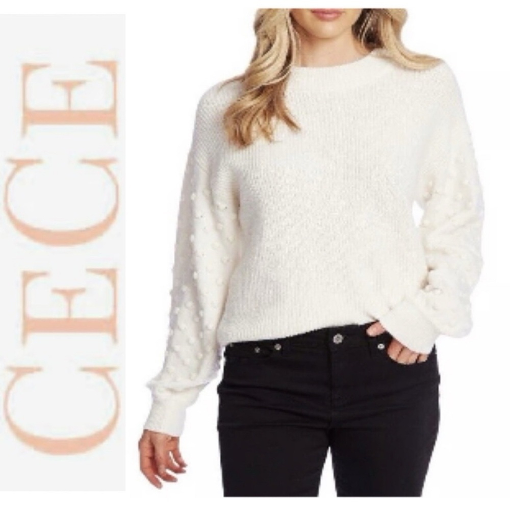 NWT CeCe Ivory Puff Sleeve Ribbed Bobble Stitch Sleeves Cotton Crewneck Sweater